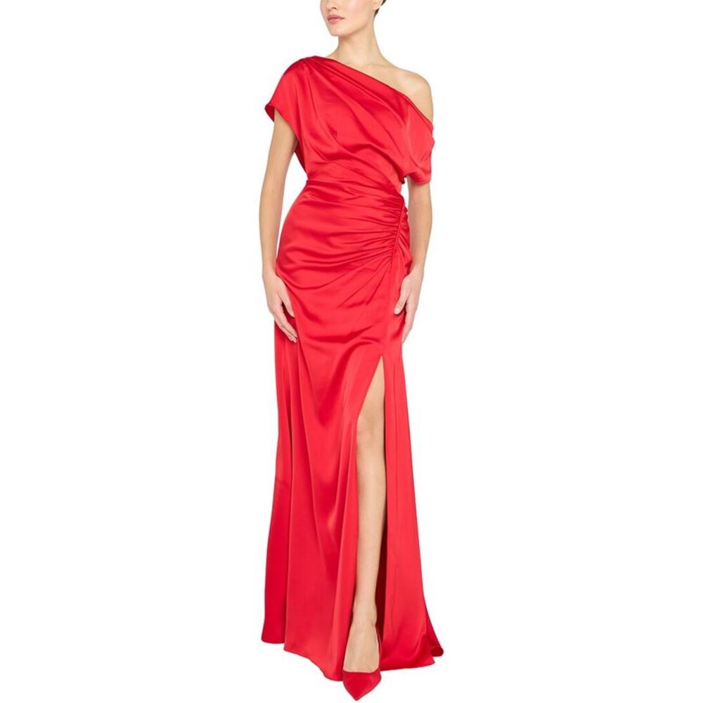 Theia Womens Kacey Asymmetrical Gown, Red